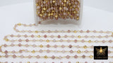 22 k Gold Natural Strawberry Quartz Chain, Unfinished 4 mm Gold Pyrite Beaded Wire Wrapped Pink by the Foot Diamond Cut Gemstone