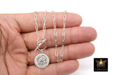 Silver Protection Coin Chain Necklace, 925 Sterling St. Christopher Toggle Double Wrap Choker, Paper Clip Rectangle Chain