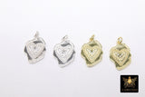 CZ Heart Charms, Genuine Gold 925 Sterling Silver Heart Charms # 2043, 19 mm Stamped Rustic Love Gifts for Mom