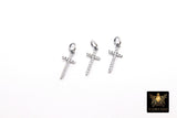 CZ Silver Cross Charms, 925 Sterling Silver Oxidized Cross # 758, Gold Cubic Zirconia Long Dainty Cross Jewelry