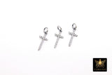 CZ Silver Cross Charms, 925 Sterling Silver Oxidized Cross #758, Gold Cubic Zirconia Religious Long Dainty Cross Jewelry