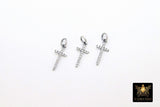 CZ Silver Cross Charms, 925 Sterling Silver Oxidized Cross # 758, Gold Cubic Zirconia Long Dainty Cross Jewelry