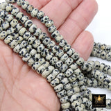 Faceted Dalmatian Jasper Heishi Beads, Black Beige Spotted Thick Rondelle Beads BS #206, in sizes 8 x 6 mm 15.2 inch Strands