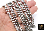 Silver Flat Curb Chain, 10.5 mm Stainless Steel Large Heavy CH# 210, 304 Fancy Cuban Diamond Cut Oval Unfinished Chains