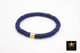 Heishi Beaded Bracelet, Navy Blue Orange White Gold Stretchy Bracelet #698