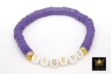 LSU Heishi Beaded Bracelet, 6 mm Purple White Gold Stretchy Bracelet #795, California Tigers Mom Team Spirit Clay Beaded Bangles