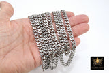 Silver Flat Curb Chain, 10.5 mm Stainless Steel Large Heavy CH# 210, 304 Fancy Cuban Diamond Cut Oval Unfinished Chains