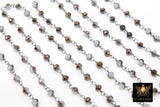 Black Rosary Chain, 4 mm White AB Beaded Chain CH #420, Black Wire Wrapped Opalite