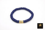 Heishi Beaded Bracelet, Navy Blue Orange White Gold Stretchy Bracelet #698