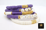 LSU Heishi Beaded Bracelet, 6 mm Purple White Gold Stretchy Bracelet #795, California Tigers Mom Team Spirit Clay Beaded Bangles