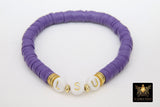 LSU Heishi Beaded Bracelet, 6 mm Purple White Gold Stretchy Bracelet #795, Square Heishi Tigers Mom Team Spirit Clay Beaded Bangles