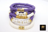 LSU Heishi Beaded Bracelet, 6 mm Purple White Gold Stretchy Bracelet #795, California Tigers Mom Team Spirit Clay Beaded Bangles