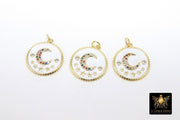 CZ Moon and Stars Charms, White and Gold Pave Round Disc #322, Multi Color Cubic Zirconia for Bracelet or Necklace Jewelry