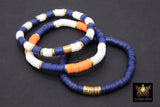 Heishi Beaded Bracelet, Blue Orange White Gold Stretchy Bracelet #698, Auburn Tiger Team School Spirit Clay Beaded Bracelets