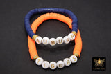 Heishi Beaded Bracelet, Blue Orange White Gold Stretchy Bracelet #698, Auburn Tiger Team School Spirit Clay Beaded Bracelets