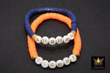 Heishi Beaded Bracelet, Navy Blue Orange White Gold Stretchy Bracelet #698