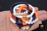 Heishi Beaded Bracelet, Blue Orange White Gold Stretchy Bracelet #698, Auburn Tiger Team School Spirit Clay Beaded Bracelets