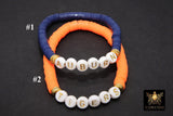 Heishi Beaded Bracelet, Blue Orange White Gold Stretchy Bracelet #698, Auburn Tiger Team School Spirit Clay Beaded Bracelets