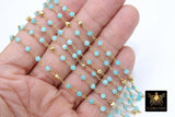 Natural Amazonite Rosary Chain, 4 mm Faceted Gold Pyrite, Wire Wrapped Blue Aqua Rosary Chain