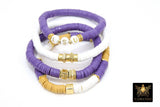 LSU Heishi Beaded Bracelet, 6 mm Purple White Gold Stretchy Bracelet #795, Square Heishi Tigers Mom Team Spirit Clay Beaded Bangles