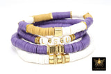 LSU Heishi Beaded Bracelet, 6 mm Purple White Gold Stretchy Bracelet #795, Square Heishi Tigers Mom Team Spirit Clay Beaded Bangles