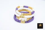 LSU Heishi Beaded Bracelet, 6 mm Purple White Gold Stretchy Bracelet #795, Square Heishi Tigers Mom Team Spirit Clay Beaded Bangles