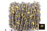 22k Gold Plated Iolite Rosary Chain, Pyrite 4 mm Chains for Jewelry Making CH# 450, Wire Wrapped Water Sapphire Beads Unfinished