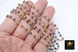 22k Gold Plated Iolite Rosary Chain, Pyrite 4 mm Chains for Jewelry Making, Wire Wrapped Water Sapphire Beads Unfinished