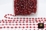 Raspberry Red Rosary Chain, 4 mm Beaded Cranberry AB Chains CH #421, Gunmetal Black Wire Wrapped