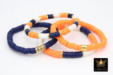 Heishi Beaded Bracelet, Navy Blue Orange White Gold Stretchy Bracelet #698