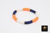 Heishi Beaded Bracelet, Navy Blue Orange White Gold Stretchy Bracelet #698