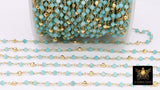 Natural Amazonite Chain, 4 mm Faceted Gold Pyrite, Wire Wrapped Blue Aqua Rosary Chain