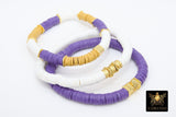 LSU Heishi Beaded Bracelet, 6 mm Purple White Gold Stretchy Bracelet #795, Square Heishi Tigers Mom Team Spirit Clay Beaded Bangles