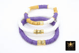 LSU Heishi Beaded Bracelet, 6 mm Purple White Gold Stretchy Bracelet #795, Square Heishi Tigers Mom Team Spirit Clay Beaded Bangles