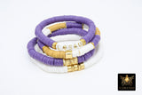 LSU Heishi Beaded Bracelet, 6 mm Purple White Gold Stretchy Bracelet #795, Square Heishi Tigers Mom Team Spirit Clay Beaded Bangles