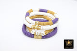 LSU Heishi Beaded Bracelet, 6 mm Purple White Gold Stretchy Bracelet #795, Square Heishi Tigers Mom Team Spirit Clay Beaded Bangles