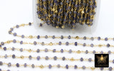 22k Gold Plated Iolite Chain, Pyrite 4 mm Chains for Jewelry Making CH# 450, Wire Wrapped Water Sapphire Beads Unfinished