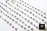 22k Gold Plated Iolite Rosary Chain, Pyrite 4 mm Chains for Jewelry Making, Wire Wrapped Water Sapphire Beads Unfinished