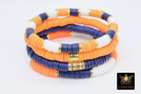 Heishi Beaded Bracelet, Navy Blue Orange White Gold Stretchy Bracelet #698