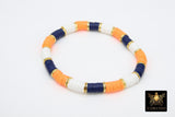 Heishi Beaded Bracelet, Navy Blue Orange White Gold Stretchy Bracelet #698