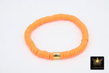 Heishi Beaded Bracelet, Navy Blue Orange White Gold Stretchy Bracelet #698