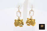 Gold Tiger Head Earrings, 14 K Gold Filled Ball End Ear Wires, Dangle LSU Gameday Jewelry