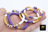 LSU Heishi Beaded Bracelet, 6 mm Purple White Gold Stretchy Bracelet #795, Square Heishi Tigers Mom Team Spirit Clay Beaded Bangles