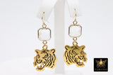 Gold Tiger Head Earrings, 14 K Gold Filled Ball End Ear Wires, Dangle LSU Gameday Jewelry