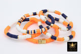 Heishi Beaded Bracelet, Navy Blue Orange White Gold Stretchy Bracelet #698, Auburn Tiger Team School Spirit Clay Beaded Bracelets