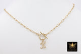 14 K Gold Initial Paperclip Chain Necklace, Genuine 14 K Gold Filled Toggle Choker, Gold Script Letters