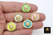 Enamel Tiger Head Charm, White and Gold Lion Head #2667, Round Disc Pink Green or Yellow