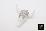 Micro Pave CZ Bone Cow Skull Pendant, Boho Cubic Zirconia Longhorn CW #24, White Ox Bone Skull