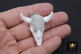 Micro Pave CZ Bone Cow Skull Pendant, Boho Cubic Zirconia Longhorn CW #24, White Ox Bone Skull