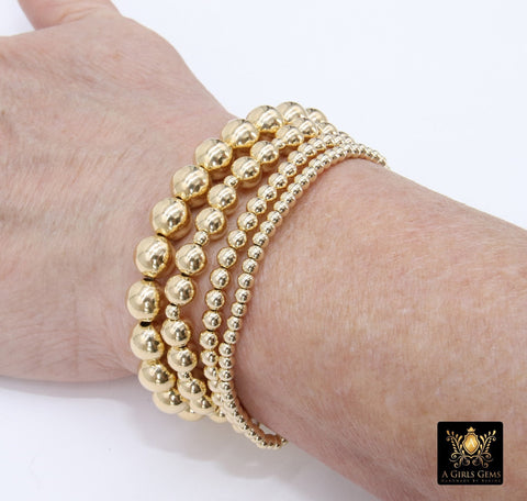 14K Gold Filled Beaded Bracelets, US 14 K GF 2 3 4 5 6 8 mm Beads, Stretchy Beaded, Waterproof, Anti Tarnish, Custom Made